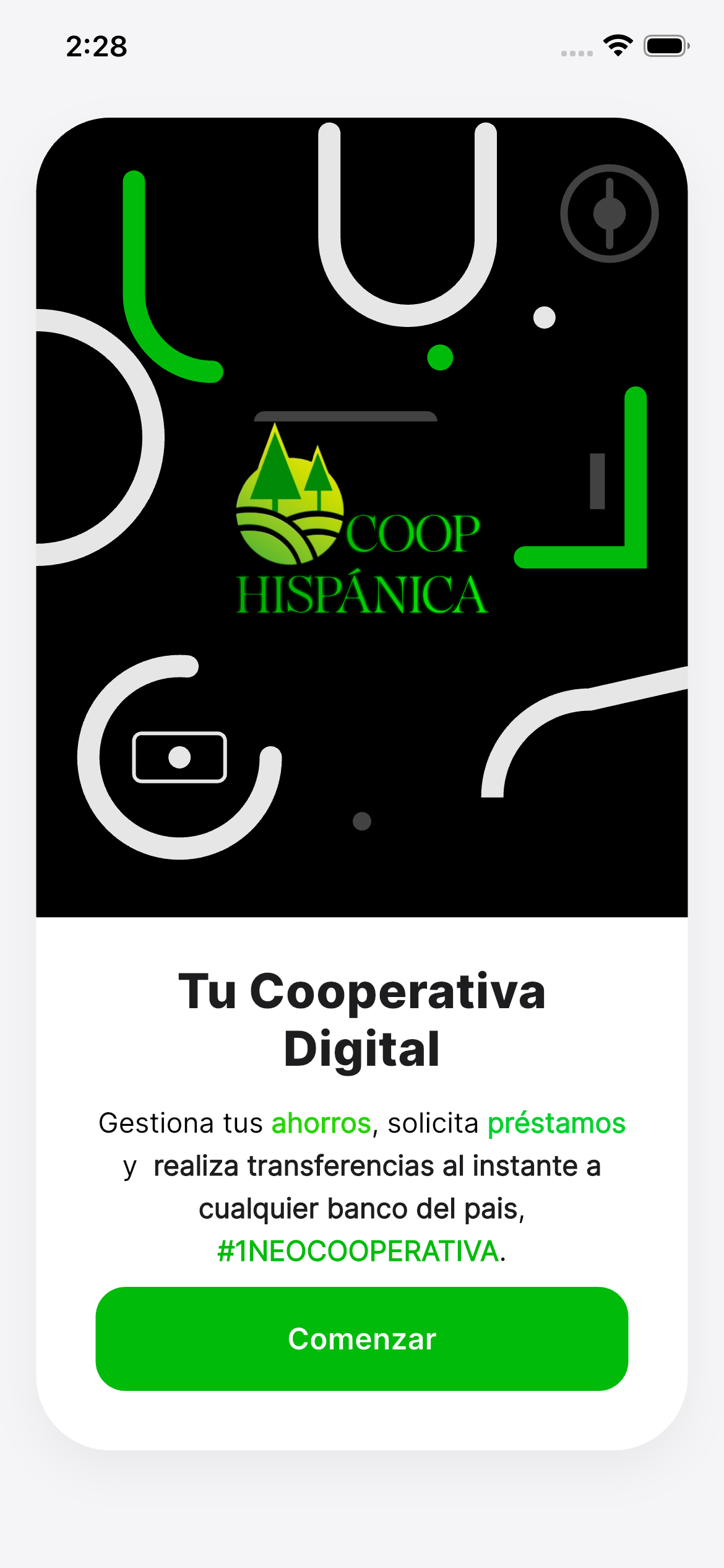 Vista previa de la aplicación móvil CoopHispanica mostrando el dashboard principal